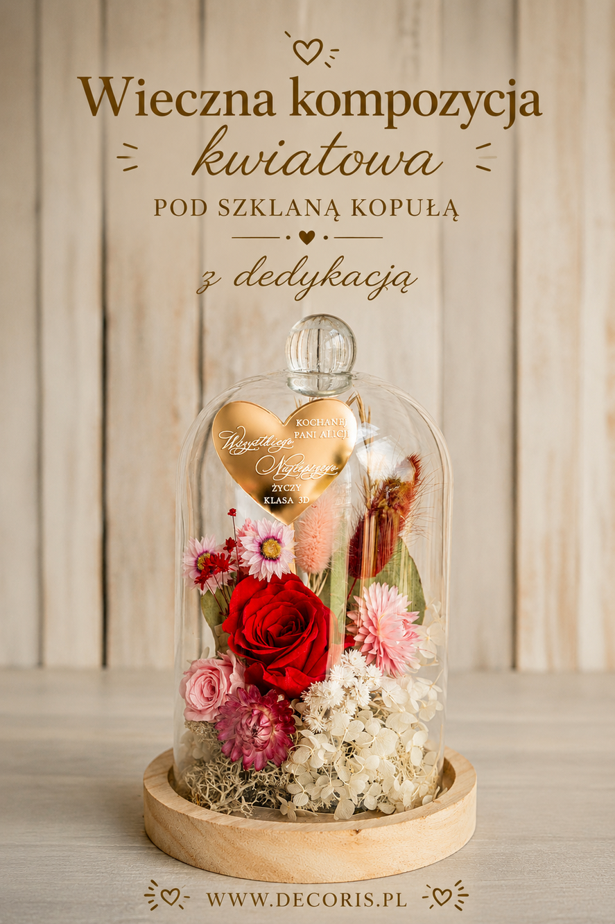prezent dla nauczuciela/ dzień nauczyciela kompozycja w szkalnej kopule Wieczna róża w szklanej 19 cm kopule prezent dla nauczycielki z personalizacją podziękowanie2