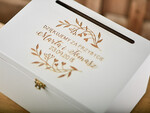 Pudełko na koperty  DREWNIANE Kufer na koperty ślubne biała Drewniana skrzynka życzeń personalizowane drewno grawer wasze imiona i data  2