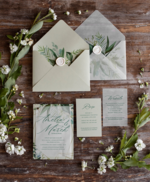 Zaproszenia ślubne Natura rustykalne zielone  zaproszenia ślubne liście eukaliptusa jednokartkowe zaproszenie na ślub kopeta z kalki 1