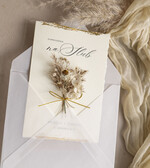 Zaproszenia ślubne Natura Zaproszenia ślubne boho z szuszonym bukiecikiem,nietypowe zaproszenia  na ślub z szuszkami i jedwabiem, rustykalne złocone zaproszenia z kalkowa kopertą4