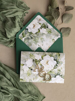 Zaproszenia ślubne Złote Glamour Poziome złote zaproszenia ślubne z lustrzanym monogramem, Kopertowe biało zielone zaproszenie na ślub złocone, zaproszenia na slub cywilny peonie 6