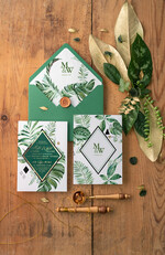 Zaproszenia ślubne Złote Glamour tropikalne zaproszenia ślubne  glamour w kolorach butelkowej zieleni i złota zaproszenie na ślub z liśćmi 3