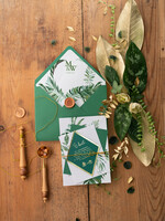 Zaproszenia ślubne Złote Glamour tropikalne zaproszenia ślubne  glamour w kolorach butelkowej zieleni i złota zaproszenie na ślub z liśćmi 4