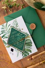 Zaproszenia ślubne Złote Glamour tropikalne zaproszenia ślubne  glamour w kolorach butelkowej zieleni i złota zaproszenie na ślub z liśćmi 7