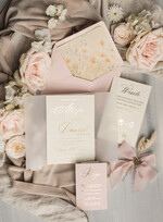 Zaproszenia ślubne Złote Glamour eleganckie zaproszenie na ślub z suszonym dmuszkiem, wyjątkowe zaproszenia ślubne z dmuszkiem, zaproszenia na ślub w stylu glamour6