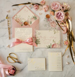 Zaproszenia ślubne Złote Glamour złote zaproszenia ślubne w pastelowej kolorystyce romantyczne róże i przeźroczysta koperta1