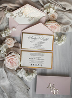 Zaproszenia ślubne Złote Glamour Eleganckie złote zaproszenia ślubne z lustrzanym monogramem, Kopertowe zaproszenie na ślub złocone, zaproszenia na ślub w stylu glamour, złote napisy na zaproszeniach ślubnych 7