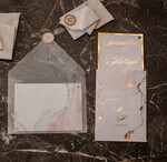 Zaproszenia ślubne Złote Glamour złote zaproszenia ślubne marmur  złocone zaproszenie na ślub marmurkowe przeźroczysta koperta z kalki7