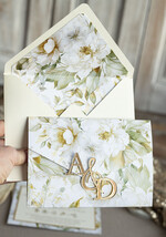 Zaproszenia ślubne Złote Glamour Poziome złote zaproszenia ślubne z lustrzanym monogramem, Kopertowe biało kremowe  zaproszenie na ślub złocone, zaproszenia na slub cywilny kwiatowe1