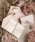 Zaproszenia ślubne Złote Glamour Poziome srebrne zaproszenia ślubne z lustrzanym monogramem, Kopertowe rozowe zaproszenie na ślub złocone, zaproszenia na slub cywilny pudrowy róż i peonie10