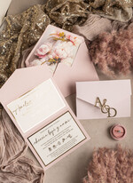 Zaproszenia ślubne Złote Glamour Poziome srebrne zaproszenia ślubne z lustrzanym monogramem, Kopertowe rozowe zaproszenie na ślub złocone, zaproszenia na slub cywilny pudrowy róż i peonie11