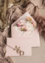 Zaproszenia ślubne Złote Glamour Poziome srebrne zaproszenia ślubne z lustrzanym monogramem, Kopertowe rozowe zaproszenie na ślub złocone, zaproszenia na slub cywilny pudrowy róż i peonie12