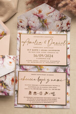 Zaproszenia ślubne Złote Glamour Kwiatowe złote zaproszenia ślubne z lustrzanym monogramem, Kopertowe różowe zaproszenie na ślub złocone, zaproszenia na slub i wesele pudrowy róż9