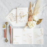 Zaproszenia ślubne Złote Glamour modne zaproszenia ślubne,  złoty nadruk kwiaty, pąki kwiatów składane zaproszenia ze sznurkiem 0