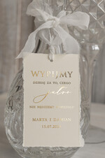 Zawieszki na butelki glamour zawieszki na butelkę weselną, złote zawieszki z weselnymi wierszykami, darte zawieszki ślubne, wydzierane zawieszki na butelkę  0