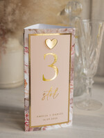 Menu glamour menu i numerek na stół weselny, karta dań weselnych, różowo złote menu weselne, menu i numerek na stół w jednym, eleganckie menu na stół weselny1