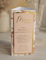 Menu glamour menu i numerek na stół weselny, karta dań weselnych, różowo złote menu weselne, menu i numerek na stół w jednym, eleganckie menu na stół weselny0