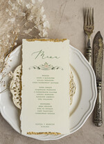 Menu glamour złota karta dań weselnych, menu weselne z dartymi brzegami i płatkami złota, karta podawania dań na weselu ze złotem 1