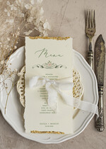 Menu glamour złota karta dań weselnych, menu weselne z dartymi brzegami i płatkami złota, karta podawania dań na weselu ze złotem 0