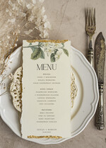 Menu glamour złota karta dań weselnych, menu weselne z dartymi brzegami i płatkami złota, karta podawania dań na weselu ze złotem 3