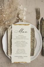 Menu glamour weselne menu karta potraw weselnych, złote i eleganckie na klasyczne wesele, menu weselne z płatkami złota, karta dań weselnych z dartymi brzegami0