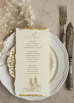 Menu glamour złota karta dań weselnych, menu weselne z dartymi brzegami i płatkami złota, karta podawania dań na weselu ze złotem 2