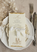 Menu glamour złota karta dań weselnych, menu weselne z dartymi brzegami i płatkami złota, karta podawania dań na weselu ze złotem 0