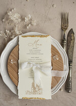 Menu glamour złota karta dań weselnych, menu weselne z dartymi brzegami i płatkami złota, karta podawania dań na weselu ze złotem 3