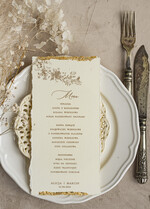 Menu glamour darte menu weselne, karta dań zdobiona płatkami złota, menu na stoły weselne ozdobione złotem, złote menu ślubne2