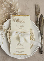 Menu glamour darte menu weselne, karta dań zdobiona płatkami złota, menu na stoły weselne ozdobione złotem, złote menu ślubne0