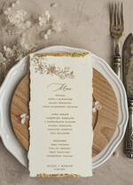 Menu glamour darte menu weselne, karta dań zdobiona płatkami złota, menu na stoły weselne ozdobione złotem, złote menu ślubne4