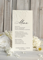 Menu glamour weselne menu karta potraw weselnych, złote i eleganckie na klasyczne wesele, menu weselne z tłoczonymi kwiatami, karta dań weselnych z ozdobnym tłoczeniem1