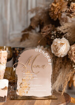 Menu glamour elegancka forma karty deserów na weselu, akrylowe menu weselne, stojąca karta deserów, menu weselne w stylu glamour, złote menu weselne7
