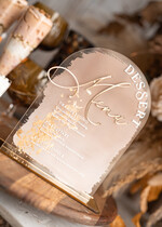 Menu glamour elegancka forma karty deserów na weselu, akrylowe menu weselne, stojąca karta deserów, menu weselne w stylu glamour, złote menu weselne1