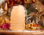 Menu glamour nowoczesna forma karty drinków na weselu, akrylowa karta drinków, stojąca karta drinków, złote napisy na stoły weselne 0
