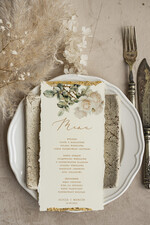 Menu glamour złota karta dań weselnych, menu weselne z dartymi brzegami i płatkami złota, karta podawania dań na weselu ze złotem 2