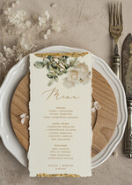 Menu glamour złota karta dań weselnych, menu weselne z dartymi brzegami i płatkami złota, karta podawania dań na weselu ze złotem 1