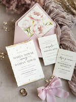 Zestawy Próbkowe próbki zaproszeń Próbka darte złocone zaproszenia ślubne z perełkami, różowe peonie zaproszenie na ślub z perełkam, rwane złocone zaproszenie na ślub cywilny perły i piwonie9