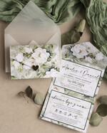 Zestawy Próbkowe próbki zaproszeń Próbka Poziome zaproszenia ślubne z lustrzanym sercen, Kopertowe biało zielone zaproszenie na ślub wiosenny, zaproszenia na slub cywilny peonie 8