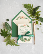 Zaproszenia ślubne Rustykalne i Natura zielone zaproszenia na ślub w stylu rustykalnym z kwiatami i kolorową kokardą 3
