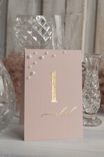 Numery na stół Glamour numerki na stoliki ślubne, złoto klasyczna elegancja w stylu glamou, numerki na stoły weselne z perełkami, złoto rózowe numery na stół 1