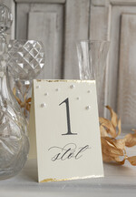 Numery na stół Glamour numery na stoły gości weselnych, styl glamour złocone numerki na stół weselny, numery na stół weselny z płatkami złota i perełkami2
