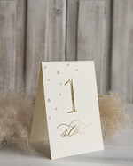 Numery na stół Glamour stojak numerek na stół weselny ecru ze złotym napisem i perełkami, złocone w stylu glamour numeracja stołów weselnych, numery na stół weselny z perełkami6