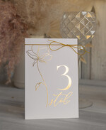 Numery na stół Glamour numerki na stół weselny, złote napisy i grafika, delikatne numerka na stoły weselne, dekoracje stołów na weselu, numeracja stołów na weselu0