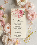 Menu botaniczne podróżnicze  Menu weselne, delikatne i proste menu ślubne, plan podawania posiłków na weselu, karta dań weselnych, eleganckie menu na stoły weselne0