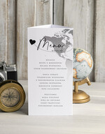 Menu botaniczne podróżnicze  menu ślubne z planem posiłków, numer stołu i menu w jednym, karta drinków na weselu, menu weselne z mapą świata, ozdoba na stoły weselne 2