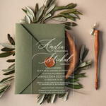 Zaproszenia ślubne Minimalistyczne zaproszenia ślubne z akrylu, przezroczyste zaproszenie na ślub, zaproszenie ślubne z oliwką 1