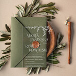 Zaproszenia ślubne Minimalistyczne oliwkowe zaproszenia ślubne, minimalistyczne zaproszenie na slub na szkle, Proste zaproszenia slubne rustykalne na pleksie oliwkowe, Boho zaproszenie ślubne z plexi1