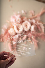 Zaproszenia ślubne Minimalistyczne Proste zaproszenia slubne na pleksie, Boho zaproszenie ślubne z akrylu, zaproszenia ślubne kwiaty plexi pudrowy róz 2