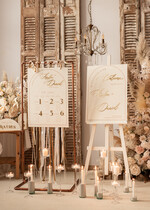 Plany stołów Glamour welurowe Złoty Welurowy plan stołów, plan usadzenia gości na weselu, welurowa ecru plansza powitanie gości i plan stołów w jednym, eleganckie złote napisy 12